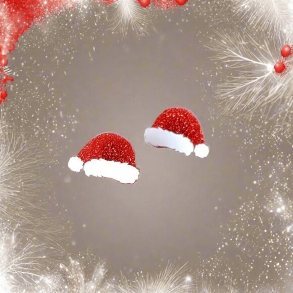 Christmas Red Glittery Santa Hat Stud Earrings - Picture 1 of 2